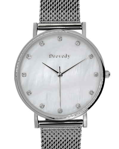 Silver watch. Pearl shell. Crystals. Mesh strap. Feminine. Classy.